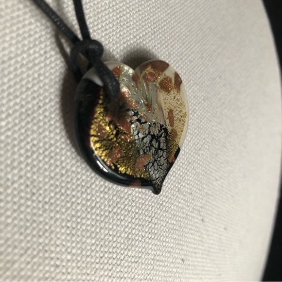 Murano Glass Heart Black & White with Gold, Silver, and Copper Crackle Glaze - Picture 5 of 12